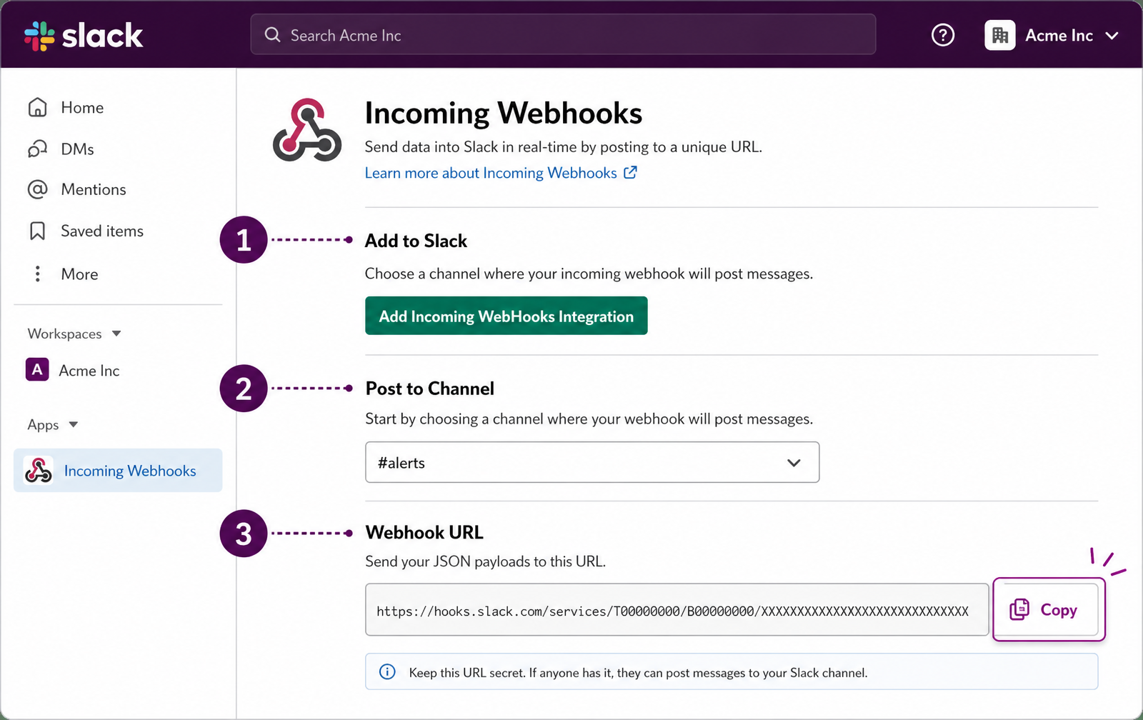 Slack の Incoming Webhooks 設定画面。追加、チャンネル選択、URLコピーの3ステップ